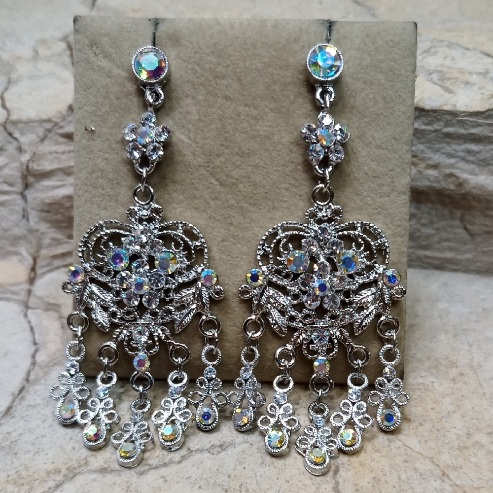 Elegant Silver Tone AB Crystal Chandelier Earrings